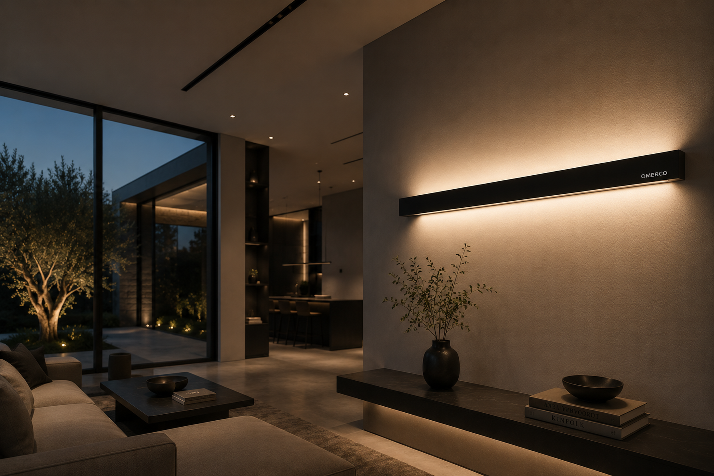 Omerco architectural linear wall light illuminating a premium interior
